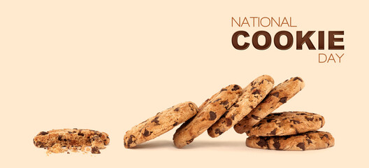 Cookie Day banner with a lot of delicious chocolate chip cookies on a creamy color background - obrazy, fototapety, plakaty