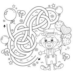 Maze or Labyrinth Game. Puzzle. Tangled road. Coloring Page Outline Of cartoon circus clown with colorful balloons. Coloring book for kids.