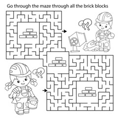 Maze or Labyrinth Game. Puzzle. Coloring Page Outline Of cartoon builders with cement mortar and trowel. Construction. Profession. Coloring book for kids.