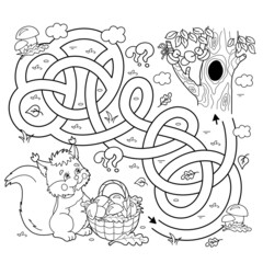 Maze or Labyrinth Game. Puzzle. Tangled road. Coloring Page Outline Of cartoon squirrel with basket of mushrooms. Tree hollow. Coloring book for kids.