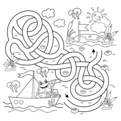 Maze or Labyrinth Game. Puzzle. Tangled road. Coloring Page Outline Of cartoon fun frog on ship. Little sailor. Coloring book for kids.