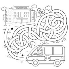 Maze or Labyrinth Game. Puzzle. Tangled road. Coloring Page Outline Of cartoon doctor with ambulance car near the hospital. Coloring book for kids.