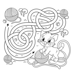 Maze or Labyrinth Game. Puzzle. Tangled road. Coloring Page Outline Of cartoon cat with ball of yarn. Coloring book for kids.