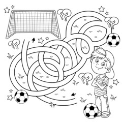 Maze or Labyrinth Game. Puzzle. Tangled road. Coloring Page Outline Of cartoon boy with soccer ball. Football. Sport activity. Coloring book for kids.