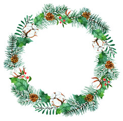 Single Watercolor Wreath Clipart, Christmas Wreath Clipart, Winter Wreath, Holly Leaves, Pine Branches, Pine Cones, Cotton, Winter Berries
