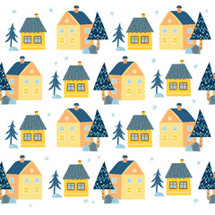 Winter pattern with cute houses and trees.  Pattern with little adorable houses