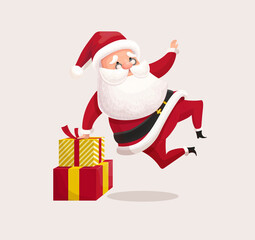 Santa Claus jumping. Christmas character with gifts. Vector illustration in cartoon style.