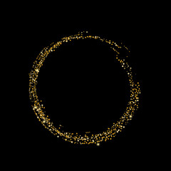 Gold glitter confetti on a black background. Scattered in a circle are shiny particles, sand. Decorative element, golden zen. Luxury background for your design, postcard, vector