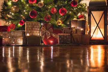 Wrapped presents under the Christmas tree - 469366996
