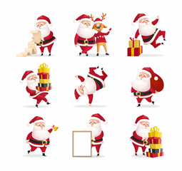 Santa Clauses set for Christmas and New Year. Vector cartoon characters isolated on white background. Santa Clause with letter, sack, deer, poster and gifts.