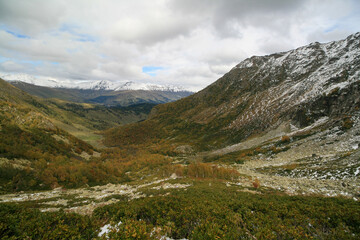 Fototapeta na wymiar View of the mountain valley of the Caucasus Mountains, Arkhyz, Russia.
