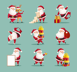 Santa Clauses set for Christmas and New Year. Vector cartoon characters isolated on blue background. Santa Clause with letter, sack, deer, poster and gifts.
