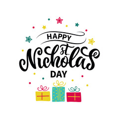 Naklejka premium Happy Saint Nicholas Day handwritten text isolated on white background. Modern brush calligraphy, hand lettering for winter holiday on December 6. Vector illustration for print, poster, greeting card