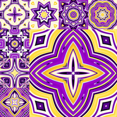 Antique talavera tiles patchwork. Fashionable design. Bright purple seamless pattern texture. Mexican, Spanish majolica ornamental decor for bags, smartphone cases, T-shirts, linens or scrapbooking.