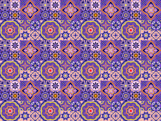 Antique talavera tiles patchwork. Fashionable design. Bright purple seamless pattern texture. Mexican, Spanish majolica ornamental decor for bags, smartphone cases, T-shirts, linens or scrapbooking.