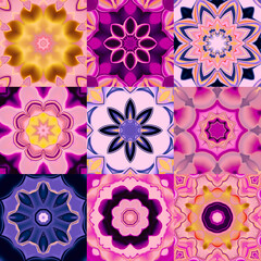 Antique talavera tiles patchwork. Fashionable design. Bright purple seamless pattern texture. Mexican, Spanish majolica ornamental decor for bags, smartphone cases, T-shirts, linens or scrapbooking.