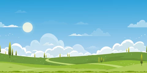 Fototapeten Seamless pattern Spring green fields landscape with mountain,blue sky and cloud background,Endless banner vector cartoon Panorama rural nature in Summertime with grass land © Anchalee
