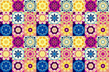 Antique talavera tiles patchwork. Fashionable design. Bright purple seamless pattern texture. Mexican, Spanish majolica ornamental decor for bags, smartphone cases, T-shirts, linens or scrapbooking.