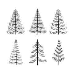 Set of 6 Christmas trees in hand drawn style. Black vector illustration is isolated on white background.