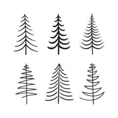 Set of 6 abstract Christmas trees. Black vector illustration in hand drawn style is isolated on white background.