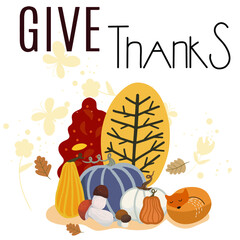 Give thanks lettering with fall attributes. Pumpkins, trees, mushrooms, fox.