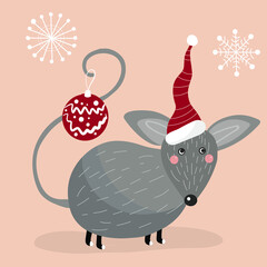 Mouse in a Santa hat with a Christmas tree toy on its tail, Christmas
