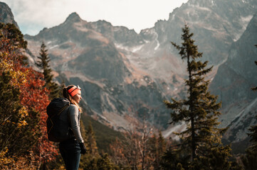  Young traveler hiking girl with backpacks. Hiking in mountains. Sunny landscape. Tourist traveler on background view mockup. High tatras , slovakia - obrazy, fototapety, plakaty