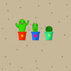 This illustration shows three cute cacti, one of which is a little mean