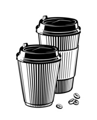 two cups of coffee. hand drawing engraving