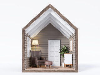 Section of small house with brown living room 3d render decorate with leather armchair - obrazy, fototapety, plakaty