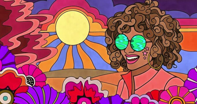 A woman in a bright pop art landscape with bright burst of sun and flowers. Created in a watercolor and ink pop art style reminiscent of 1960s and 1970s psychedelic artwork and animation.