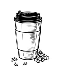 a paper cup with hot coffee and coffee beans lying nearby