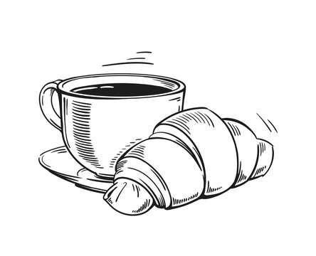 recommend clip art: croissant coffee cup hand-drawn drawing crispy engraving retro style