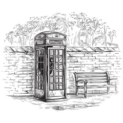 london telephone booth at a brick wall with a bench sketch
