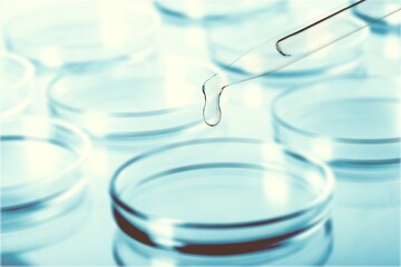 Abstract petri dishes with cosmetic. Science cosmetic laboratory concept. Cosmetology research, skin care products.