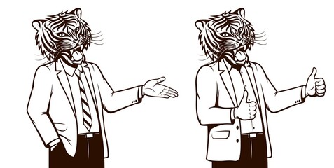 Man with tiger head shows thumbs up. Tiger in jacket explains, shows something. Vector illustration.