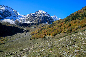 Fototapeta premium View of the mountain valley of the Caucasus Mountains, Arkhyz, Russia.