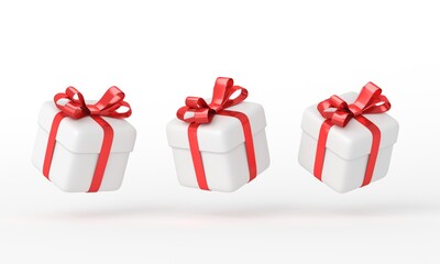White gift boxes with red ribbon on white background. 3d rendering