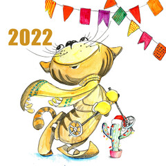 Watercolor card with the symbol of the year 2022 tiger.