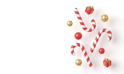 Candy canes, balls and little gift boxes on white background. Top view. 3d rendering