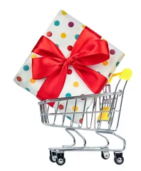 Fotobehang Lieve mosters Close-up van winkelwagentje kar met kleurrijke cadeau geïsoleerd op een witte achtergrond.