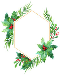 Christmas Geometric Frames Clipart, Watercolor Wreath Winter Greenery Hand Painting for New Year's design of cards, invitations, flyers