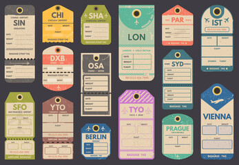 Travel luggage retro tags, airport country labels. Retro travel, flight register baggage vienna and singapore labels vector illustration set. Vintage luggage tags