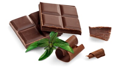 Milk chocolate and mint leaves on the desk