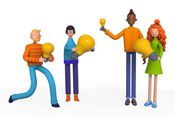 Business teams with lightbulbs as symbol of solutions and knowledge. Creative and inspiration, Science innovation with network connection. 3d illustration on white background.