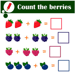 Educational a mathematical game. Logic task for children. Count the berries
