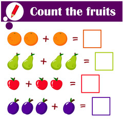 Educational a mathematical game. Logic task for children. Count the fruits