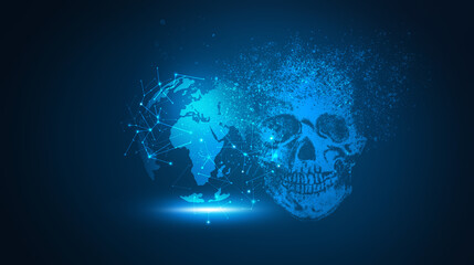 skull and globe. cyberattack on the network