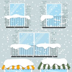 Winter building with snow. winter exterior. Flat cartoon style vector illustration.