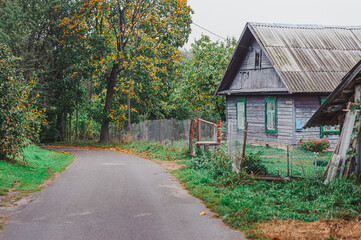 Old wooden houses. in the village Druya, Belarus. Autumn nasty day